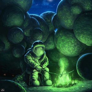 Preview wallpaper astronaut, bonfire, art, space, loneliness