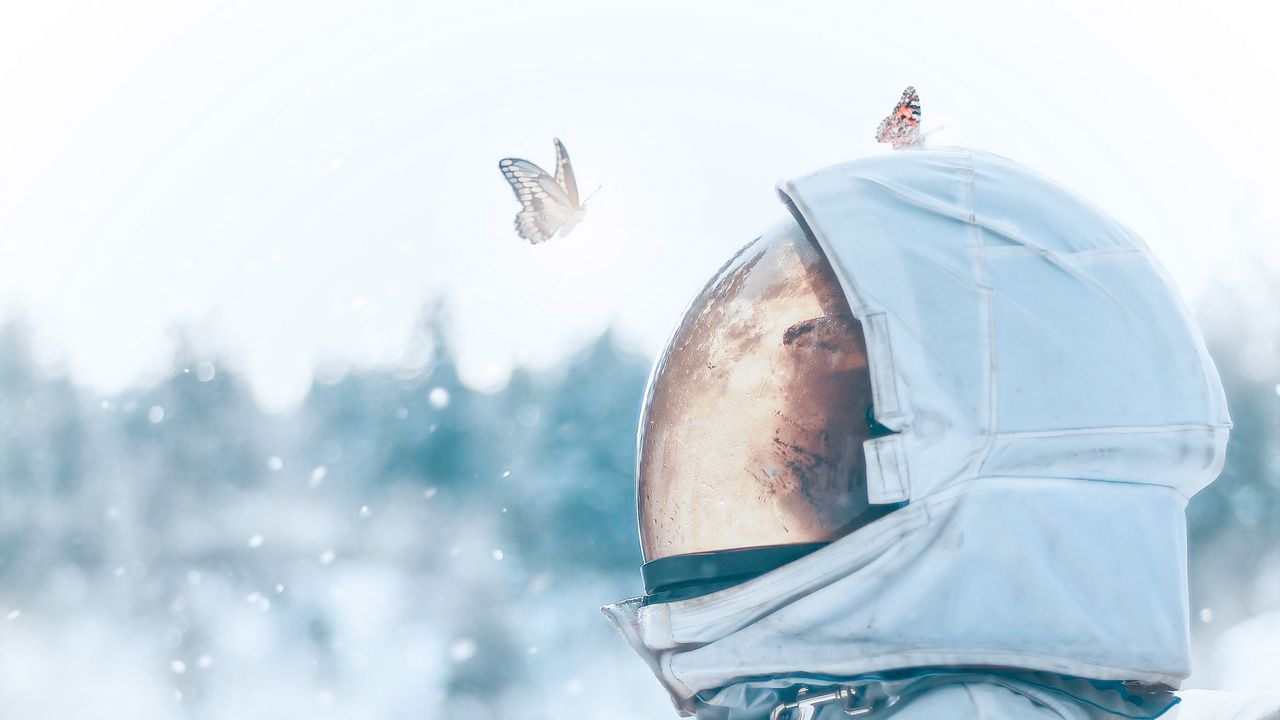 Wallpaper astronaut, butterflies, spacesuit, space, light