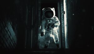 Preview wallpaper astronaut, cosmonaut, gravity, spacesuit, door, dark