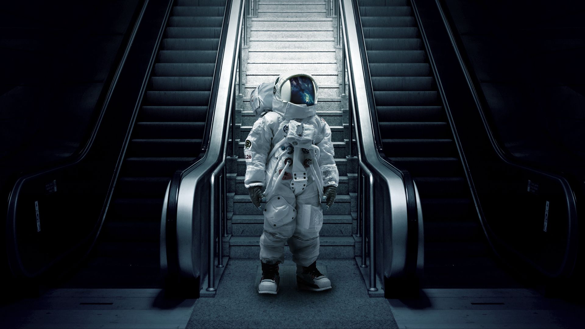 Download Wallpaper 1920x1080 Astronaut Cosmonaut Spacesuit Escalator Stairs Full Hd Hdtv 6695