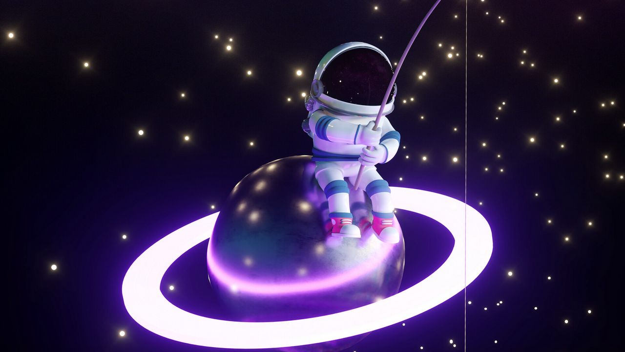 Wallpaper astronaut, fisherman, planet, glow, stars, art