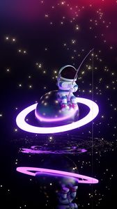 Preview wallpaper astronaut, fisherman, planet, glow, stars, art