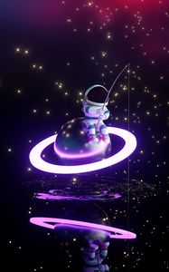 Preview wallpaper astronaut, fisherman, planet, glow, stars, art