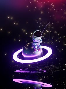 Preview wallpaper astronaut, fisherman, planet, glow, stars, art