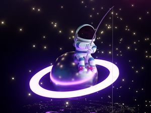 Preview wallpaper astronaut, fisherman, planet, glow, stars, art