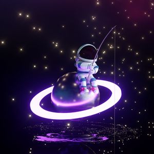 Preview wallpaper astronaut, fisherman, planet, glow, stars, art