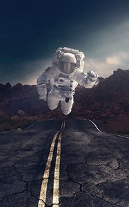 Preview wallpaper astronaut, gravity, road, asphalt, rocks, stones