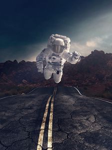 Preview wallpaper astronaut, gravity, road, asphalt, rocks, stones