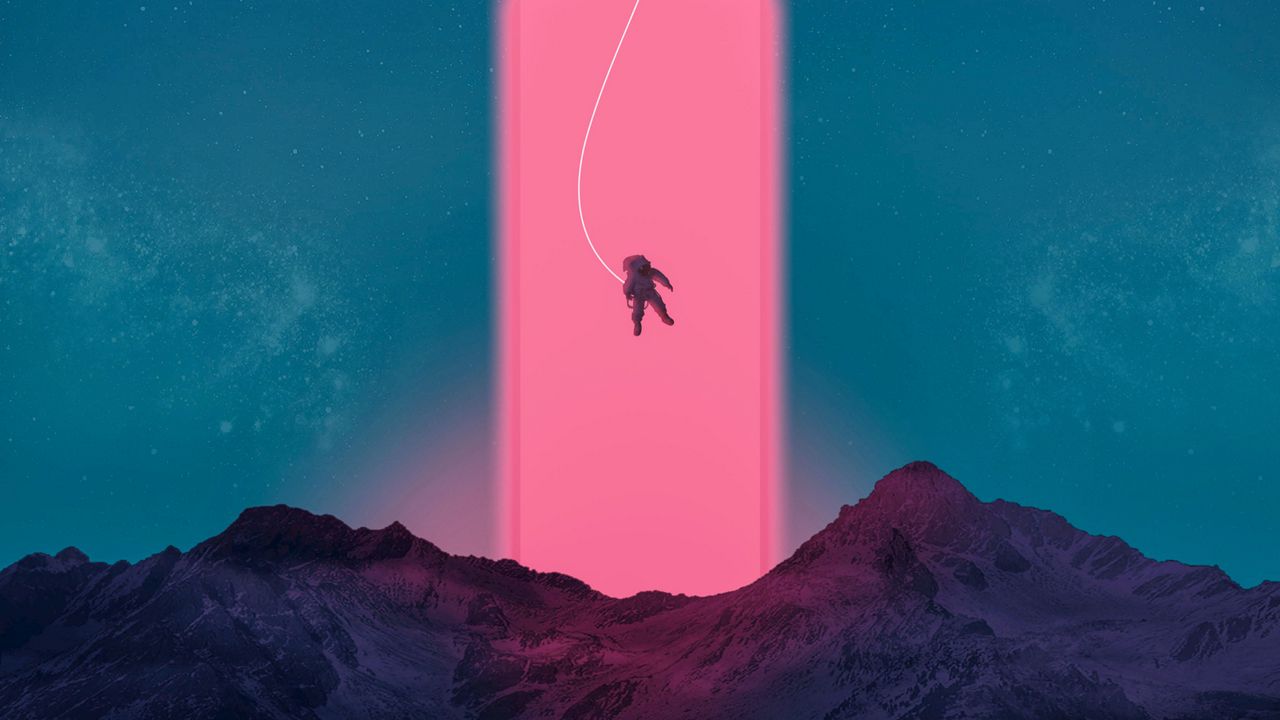 Wallpaper astronaut, neon, art, space, mountains