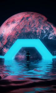 Preview wallpaper astronaut, planet, neon, water