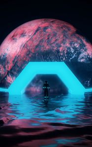 Preview wallpaper astronaut, planet, neon, water