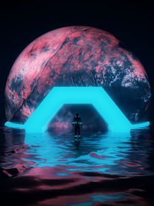 Preview wallpaper astronaut, planet, neon, water