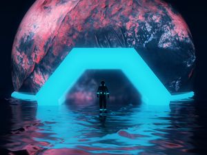 Preview wallpaper astronaut, planet, neon, water