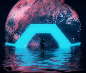 Preview wallpaper astronaut, planet, neon, water