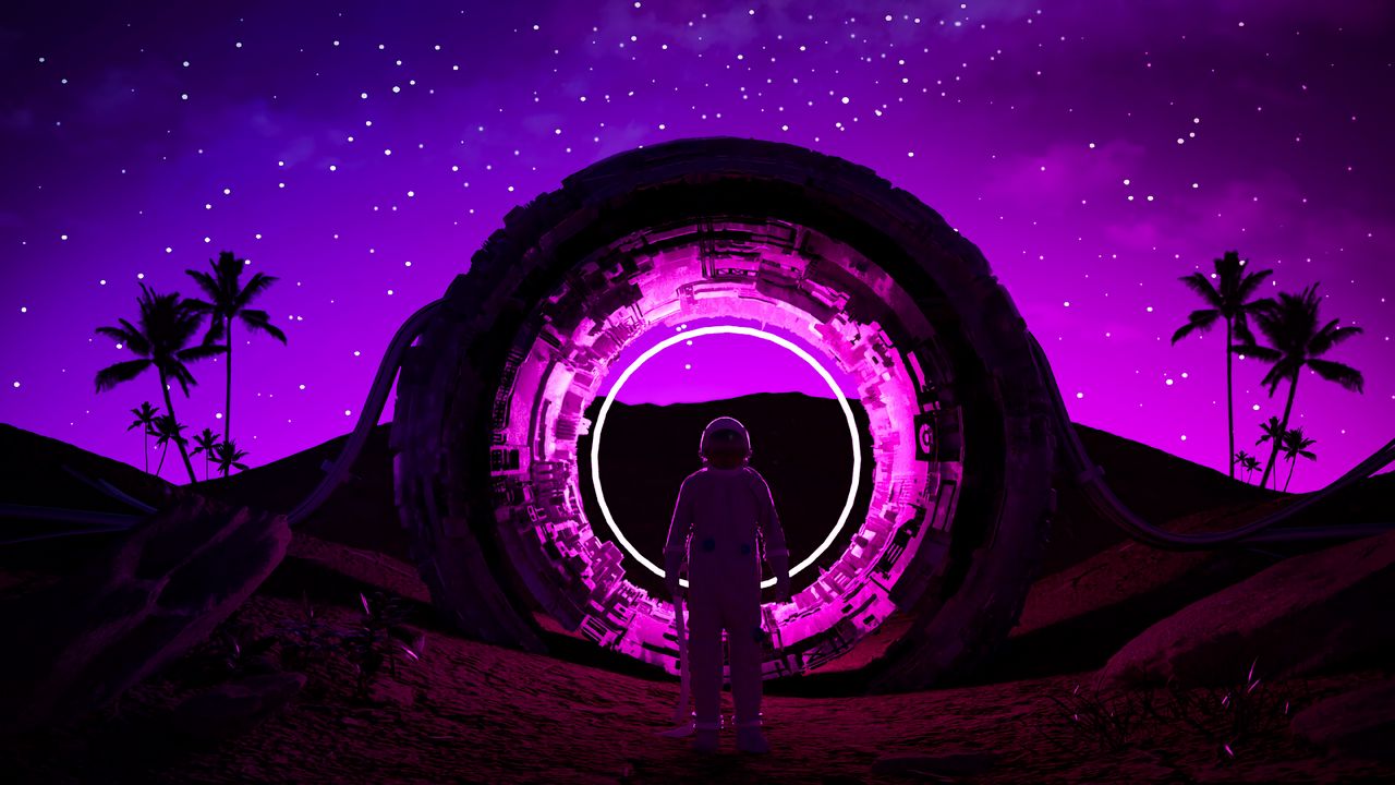 Wallpaper astronaut, ring, neon, glow, dark