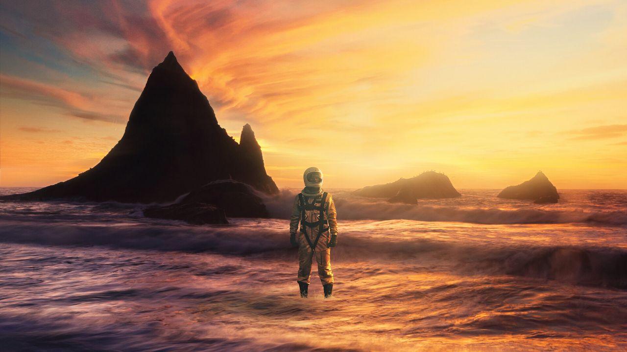 Wallpaper astronaut, sea, rocks, landscape, alien