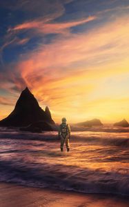 Preview wallpaper astronaut, sea, rocks, landscape, alien
