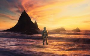 Preview wallpaper astronaut, sea, rocks, landscape, alien