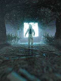 240x320 Wallpaper astronaut, silhouette, glow, light, portal, 3d