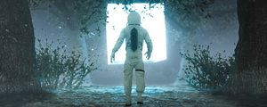 Preview wallpaper astronaut, silhouette, glow, light, portal, 3d