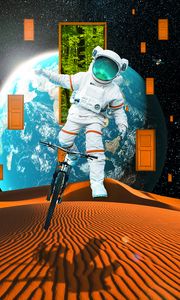 Preview wallpaper astronaut, spacesuit, bicycle, planet, desert, doors