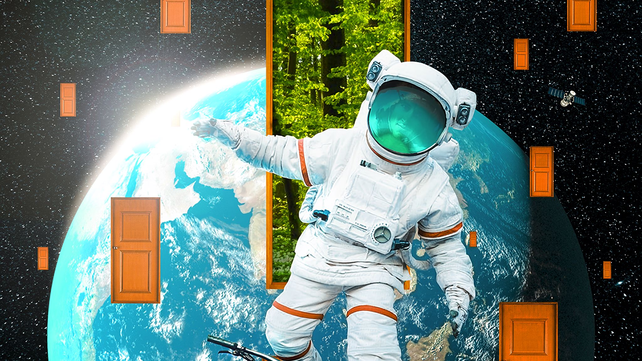 Download wallpaper 2048x1152 astronaut, spacesuit, bicycle, planet