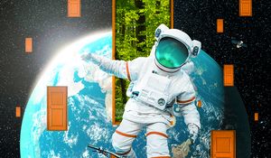 Preview wallpaper astronaut, spacesuit, bicycle, planet, desert, doors