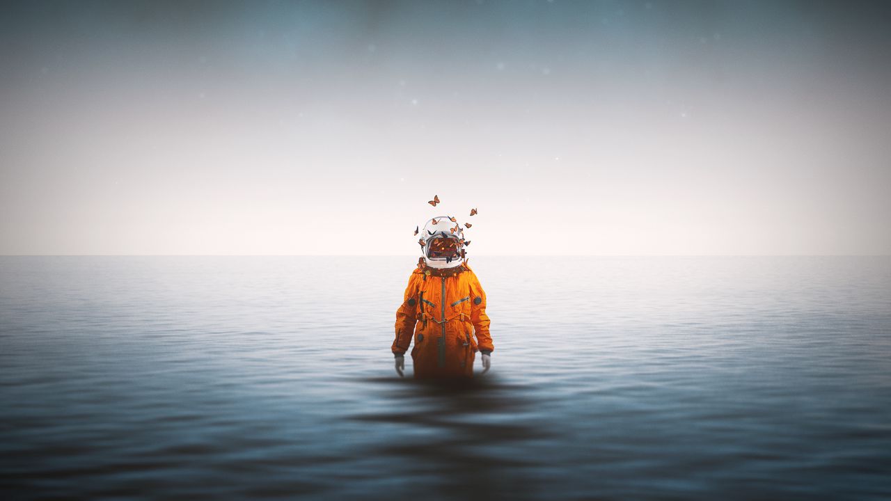 Wallpaper astronaut, spacesuit, butterflies, surrealism, sea, horizon