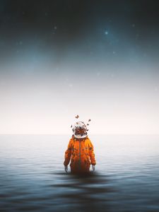 Preview wallpaper astronaut, spacesuit, butterflies, surrealism, sea, horizon