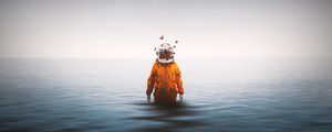 Preview wallpaper astronaut, spacesuit, butterflies, surrealism, sea, horizon