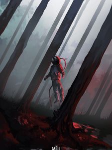 Preview wallpaper astronaut, spacesuit, flight, trees, forest, fantasy, art