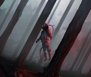 Preview wallpaper astronaut, spacesuit, flight, trees, forest, fantasy, art