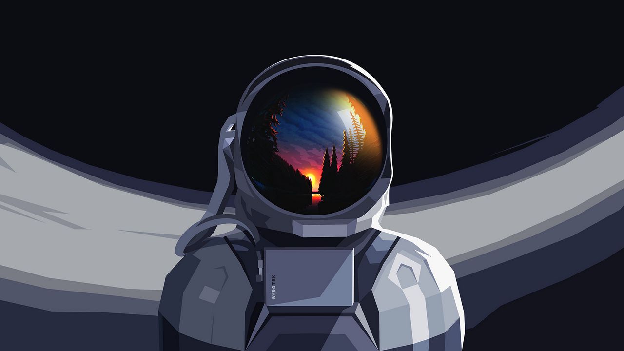 Wallpaper astronaut, spacesuit, reflection, sunset, art