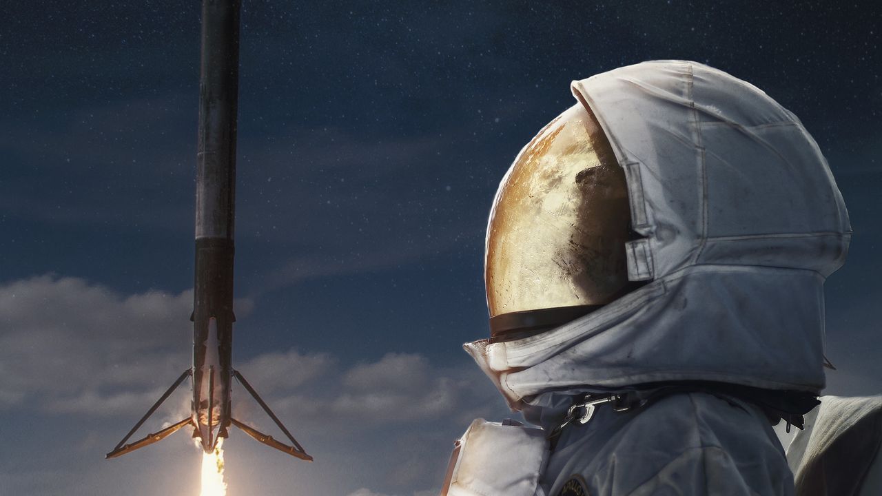 Wallpaper astronaut, spacesuit, rocket, launch