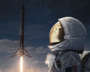 Preview wallpaper astronaut, spacesuit, rocket, launch