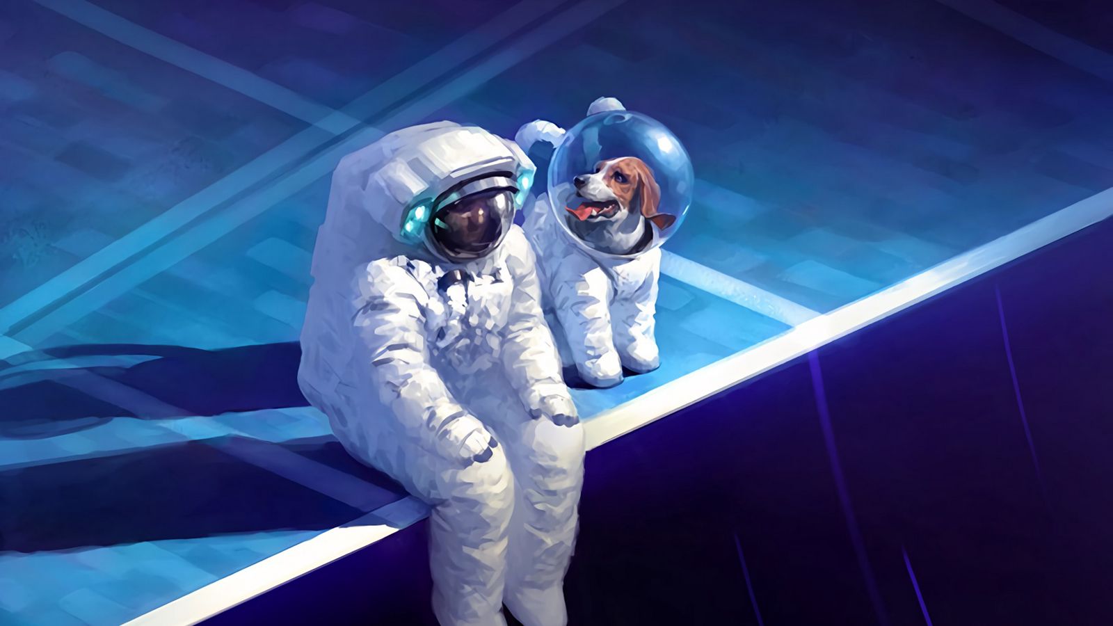 1600x900 Wallpaper astronaut, spacesuit, sadness, dog, art.