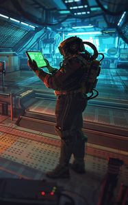 Preview wallpaper astronaut, tablet, space station, sci-fi, art