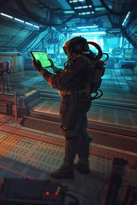 Preview wallpaper astronaut, tablet, space station, sci-fi, art