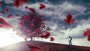 Preview wallpaper astronaut, tree, leaves, fall, hill
