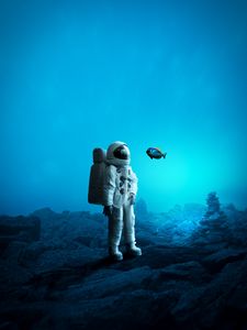 Preview wallpaper astronaut, underwater, fish, art