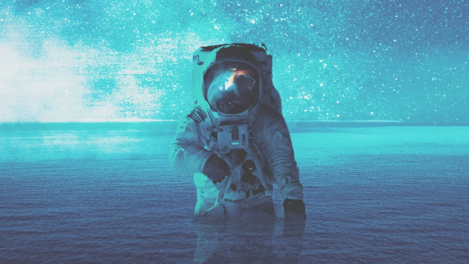 Download wallpaper 1600x900 astronaut, water, space, stars widescreen