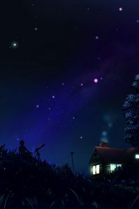 Preview wallpaper astronomer, silhouette, house, night, stars, art