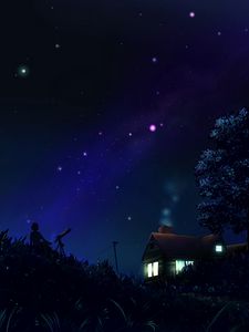 Preview wallpaper astronomer, silhouette, house, night, stars, art