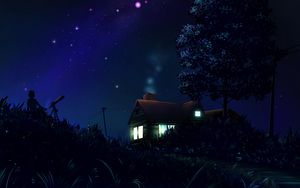 Preview wallpaper astronomer, silhouette, house, night, stars, art