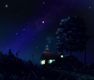 Preview wallpaper astronomer, silhouette, house, night, stars, art