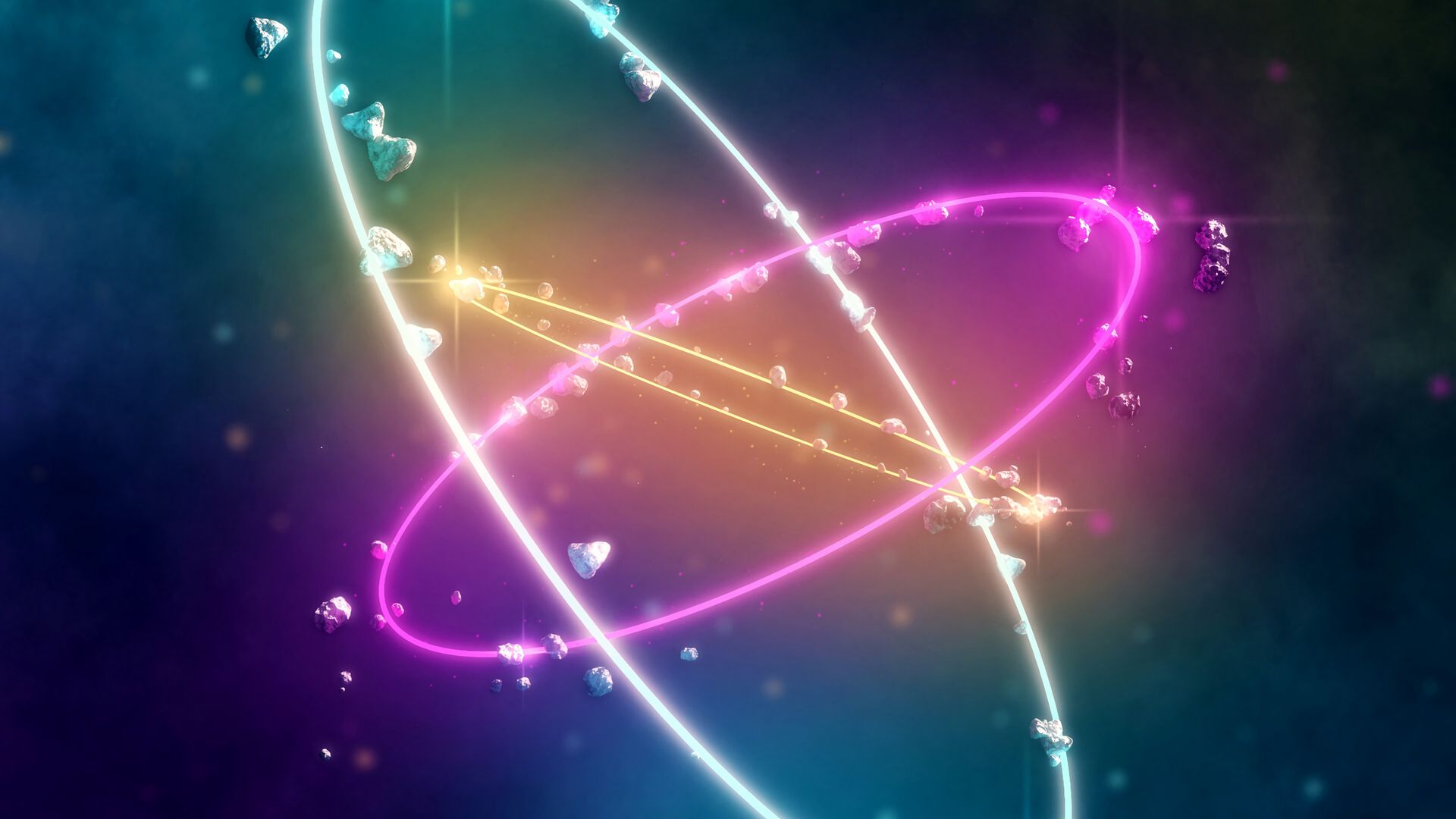 Download wallpaper 1920x1080 atom, rings, stones, glow, art full hd