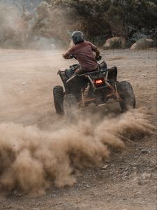 Preview wallpaper atv, man, helmet, dust, dirt