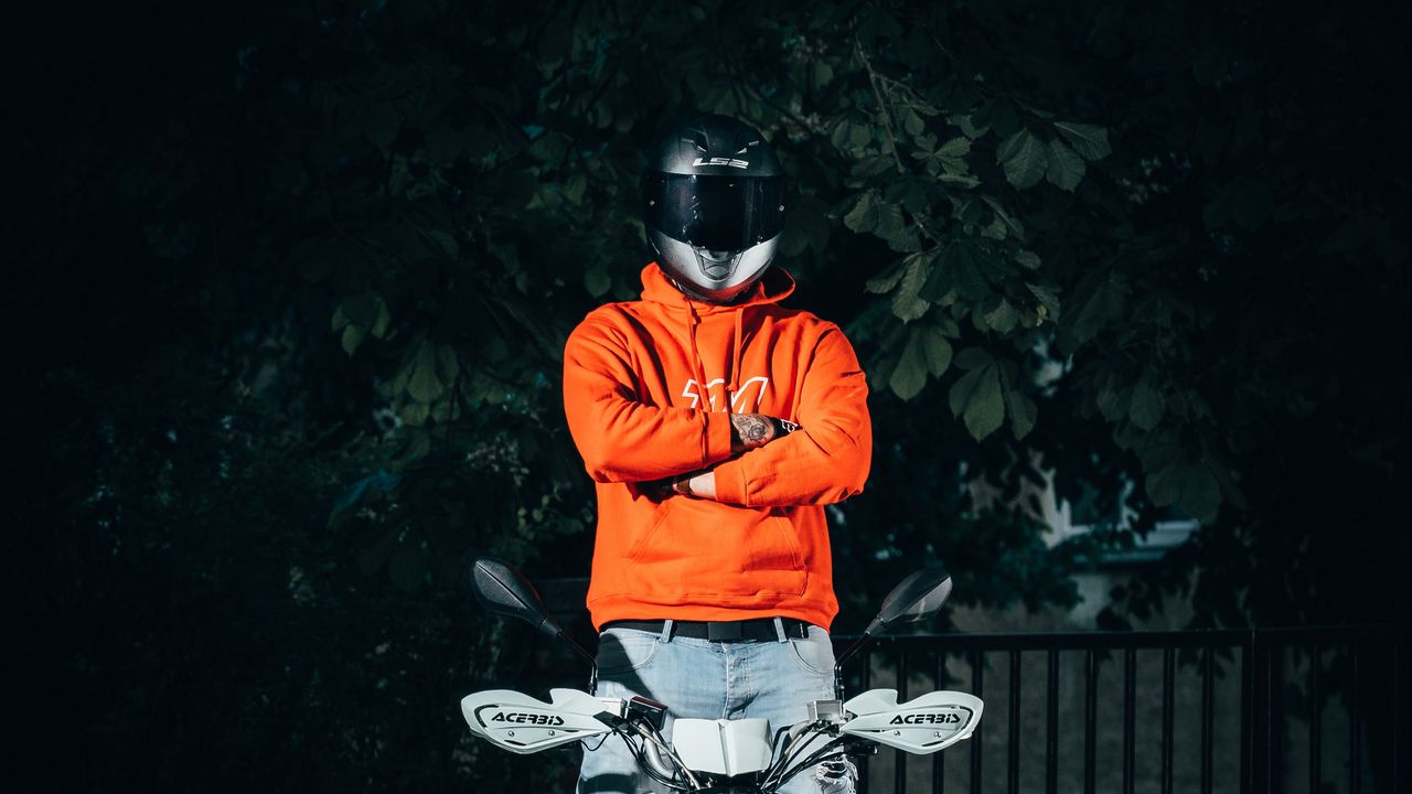 Wallpaper atv, motorcyclist, helmet, bike, front view, hoodie