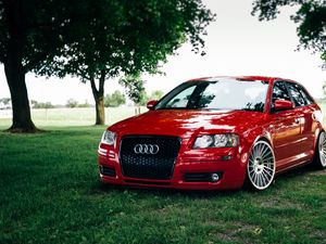 Preview wallpaper audi a3, red, front view, auto, grass