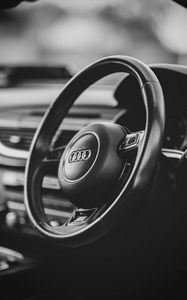 Preview wallpaper audi a7, audi, car, steering wheel, black and white